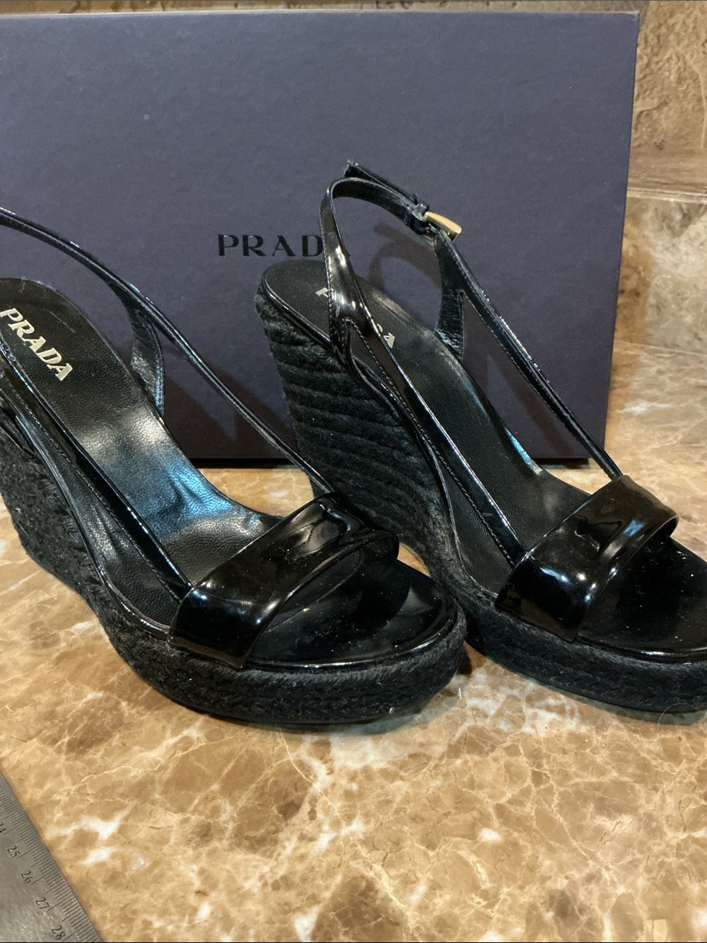 Prada Black Patent Leather Slingback Sandals with Gold Buckle